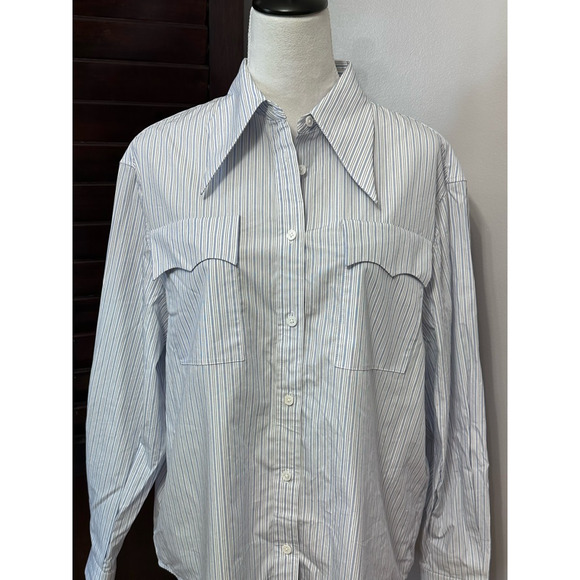 Nancyavally Womens Button Up Shirt Blue Striped Long Sleeve Pockets Preppy S - Picture 2 of 9